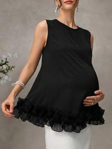 Momance Maternity Camisole, Round Neck With 3D Ruffle Hem For Sweet Style, Satin Smooth Skin-Friendly Fabric, Loose Fit For Pregnancy, Gentle And Elegant - Black - View 5