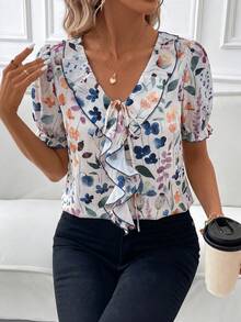 SHEIN Clasi 女士花瓣袖波点撞色滚边荷叶领优雅衬衫 - 彩色 - 查看 1