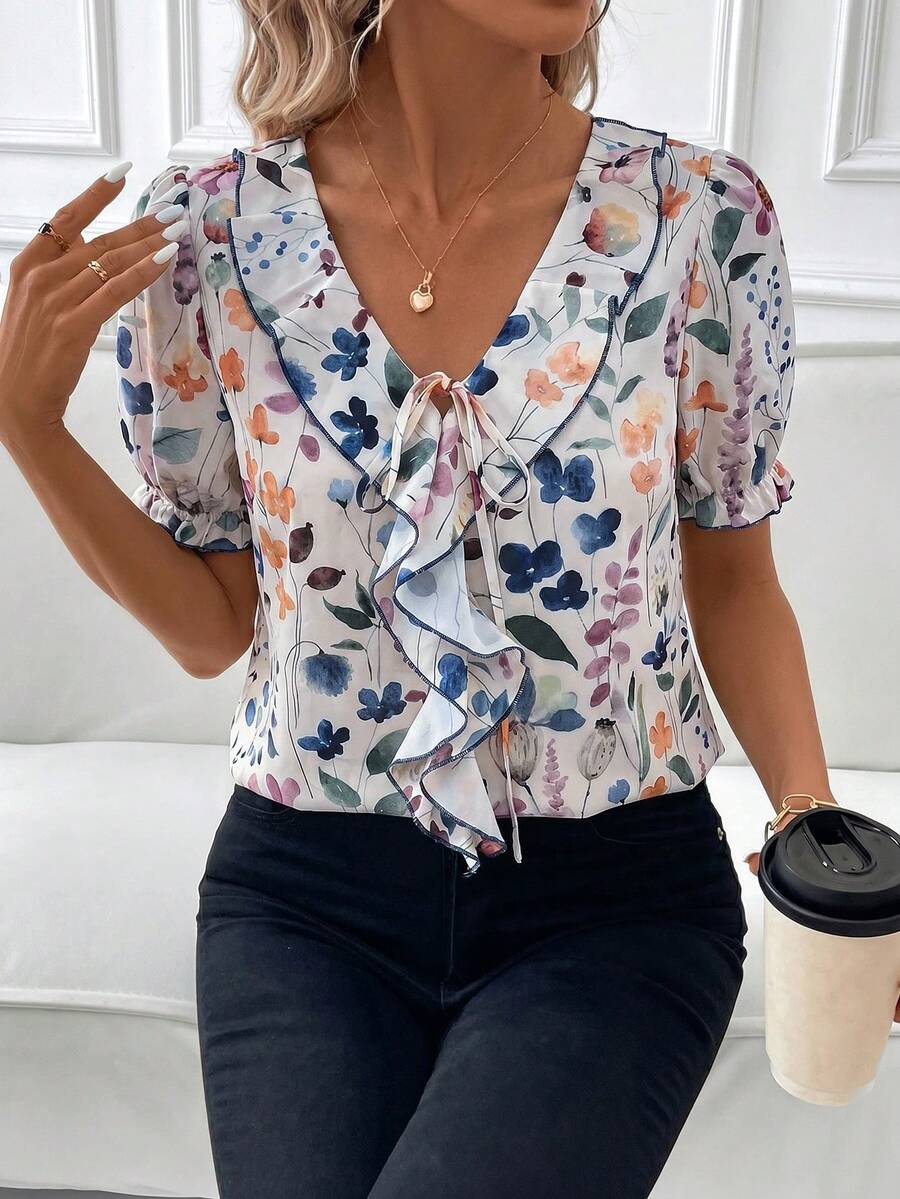 SHEIN Clasi 女士花瓣袖波点撞色滚边荷叶领优雅衬衫 - 彩色 - 查看 1