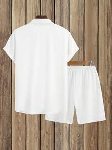 Genlund 2pcs Men's Solid Color Short Sleeve Shirt & Shorts Set, Fashion Suitable For Summer Men Clothes Set Summer, Cozy Outfits, Holiday - White - View 2