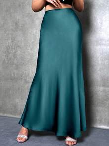 SHEIN Tall 女款純色美人魚風長裙，緞面裙，優雅裙，適合派對、日常穿著，黑色裙，適合高個子女性 - 青碧色 - 查看 6