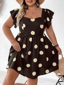 SHEIN CURVE+ Plus Size Women Lemon Fruit Print Sweetheart Neck Puff Sleeve A-Line Mini Dress, Vacation Style For Summer Boho Vacation - Brown - View 3
