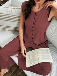 SHEIN Women's Casual Solid Color Cardigan Top And Pants Loungewear Set - Burgundy - View 7