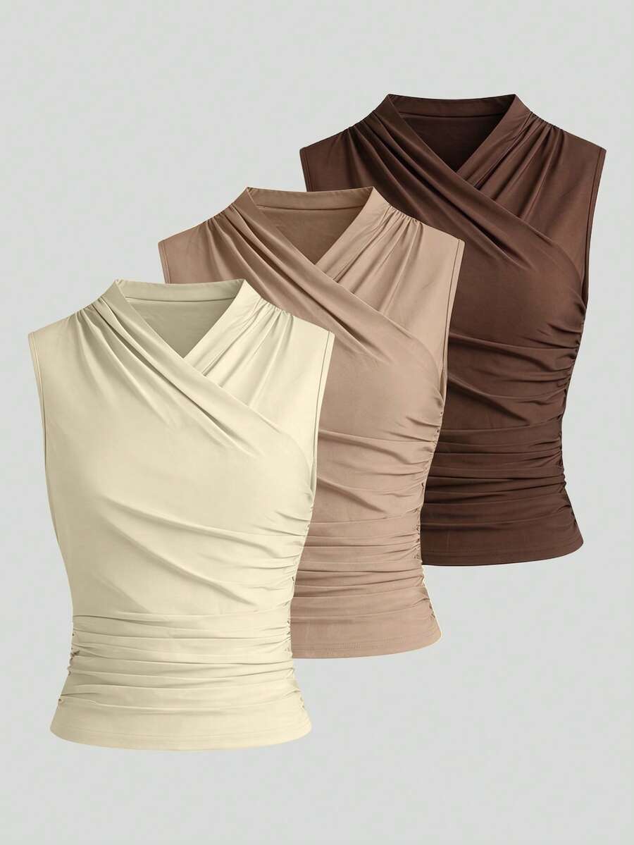 Selianne Women's V-Neck Solid Color Sleeveless Casual 3-Pack Tank Tops - Multicolor - View 1