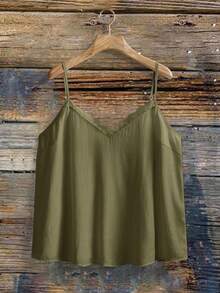 SHEIN VCAY Atasan Wanita Ukuran Besar Warna Polos Model V-Neck dengan Hiasan Ruffle, Model Bohemian Musim Panas, Pakaian Sehari-hari Kasual & Romantis - Hijau Tentara - View 4