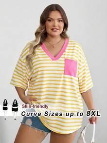 SHEIN CURVE+ Curves 大尺碼/校園服飾/返校服飾/返校大尺碼條紋休閒簡約大尺碼T恤，適合夏季，附口袋大尺碼T恤 - 黃色 - 查看 1