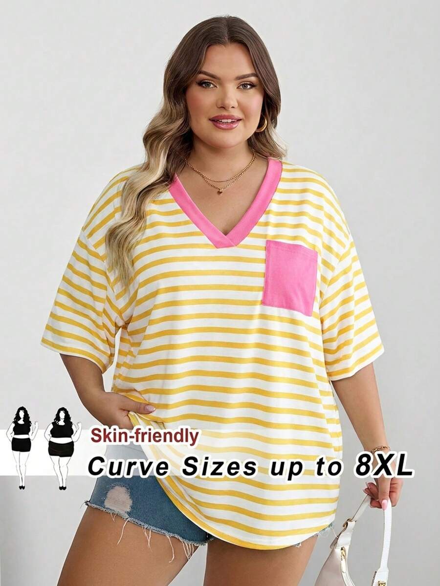 SHEIN CURVE+ Curves 大尺碼/校園服飾/返校服飾/返校大尺碼條紋休閒簡約大尺碼T恤,適合夏季,附口袋大尺碼T恤 - 黃色 - 查看 1