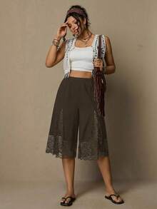 Freevana Große Größen Sommer Vintage einfarbige Hose mit Kontrast-Spitze und elastischem Bund - Kaffeebraun - Übersicht 2