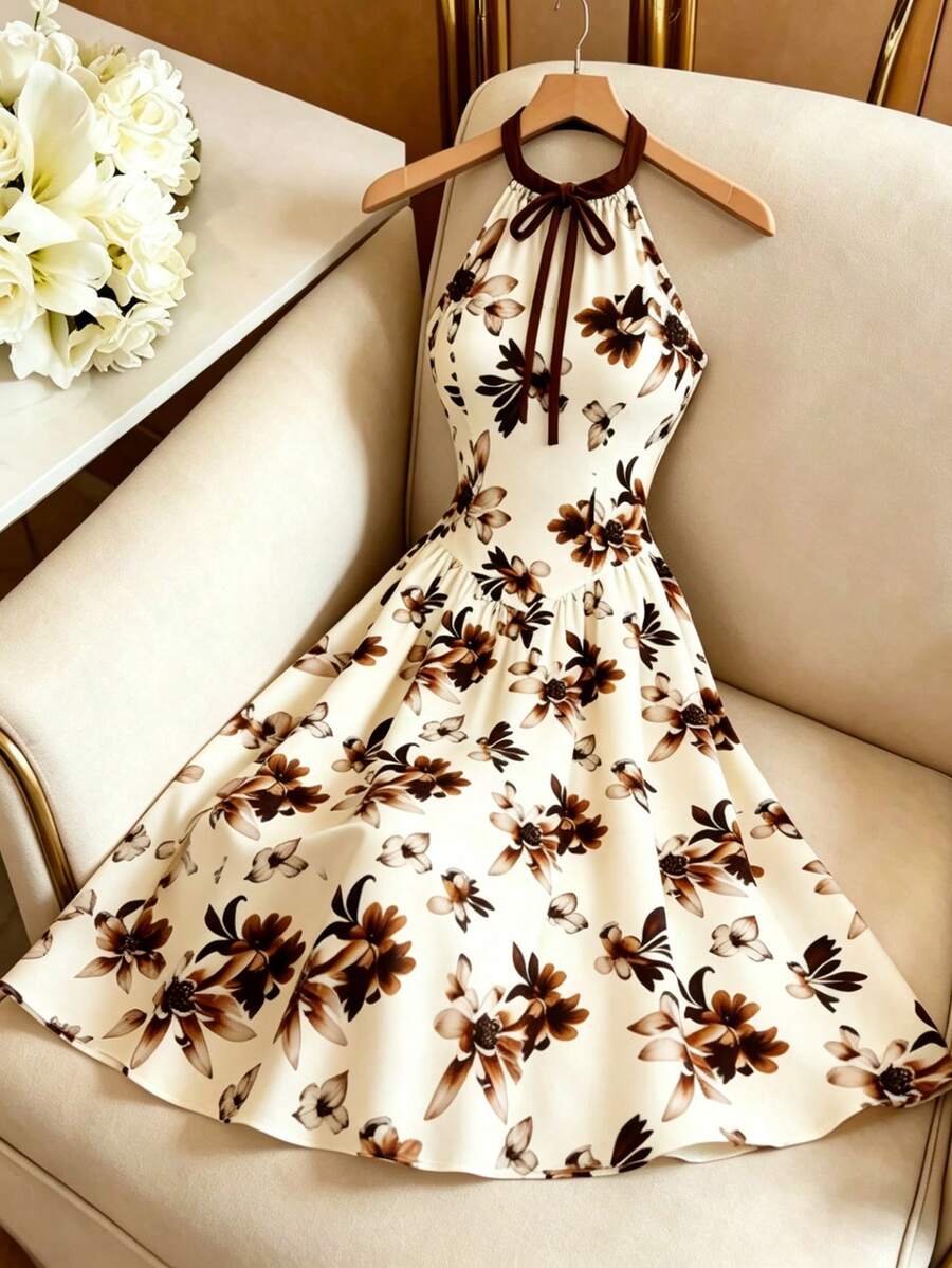 GlowEve Women's Sleeveless White Floral Print Tie-Waist A-Line Maxi Dress, Elegant Summer Holiday Vacation Wedding Guest Resort Midi Dress Textured - Multicolor - View 1