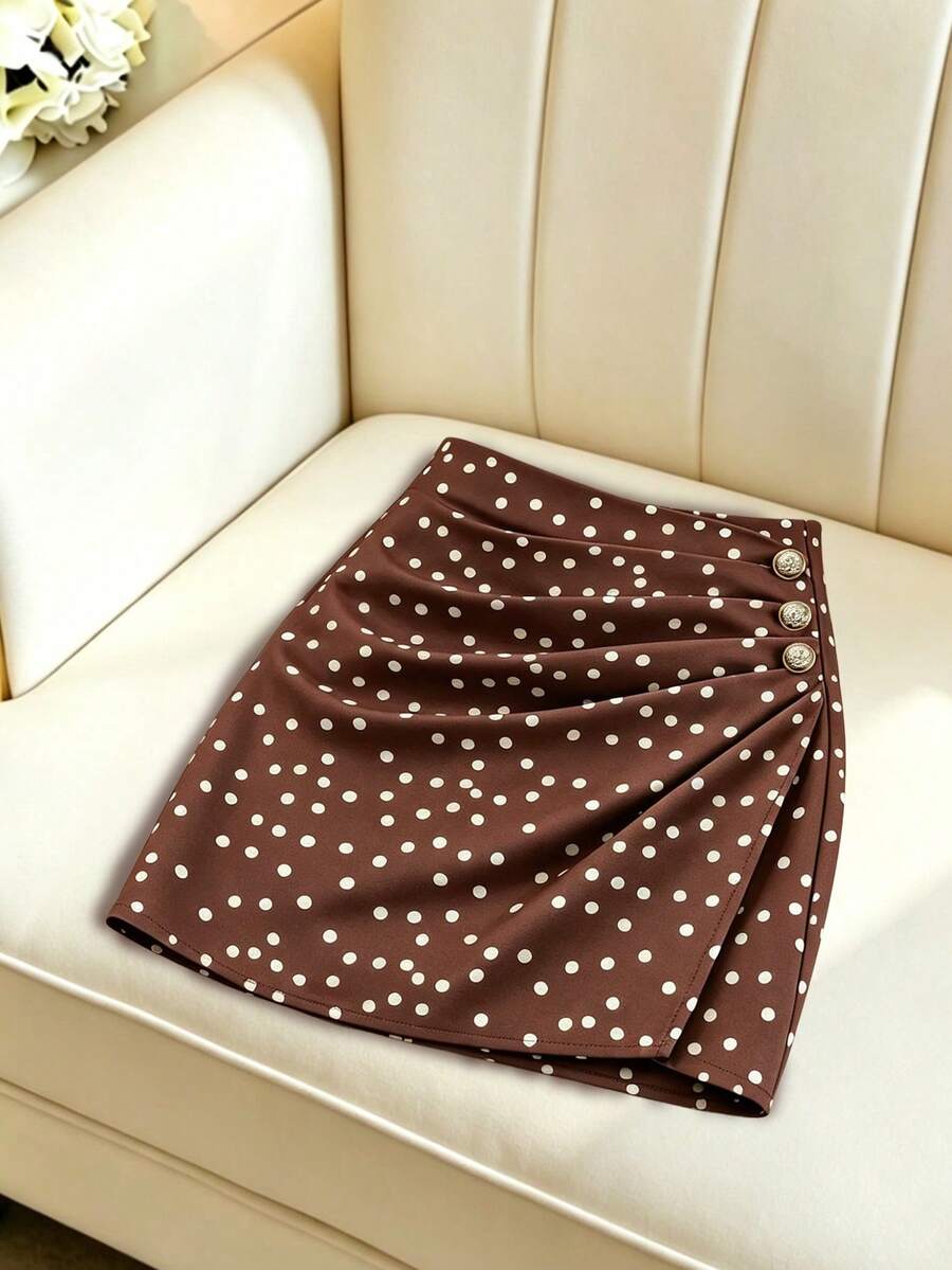 GlowEve Elegant Brown And White Polka Dot High-Waisted Midi Skirt,Summer Asymmetrical Button Decoration Pleated Bodycon Skirt,Work Casual Office - Coffee Brown - View 1