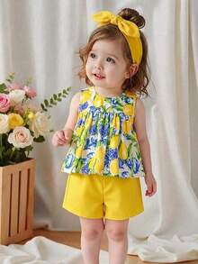 SHEIN Playful Pals 女童两件套夏季圆领无袖上衣搭配黄色短裤。清新黄白撞色，梭织面料，宽松版型。风格甜美、优雅、田园风，通体印有樱桃图案，活泼可爱。适合日常外出、上下学、参加派对、生日聚会、度假旅行等场合。 - 黃色 - 查看 1