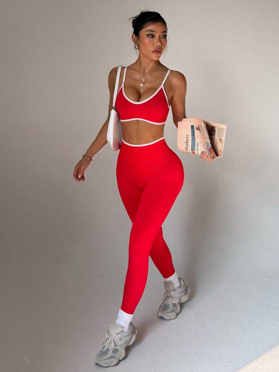 SHEIN 女士无缝瑜伽文胸和紧身裤套装 - 紅色 - 查看 1