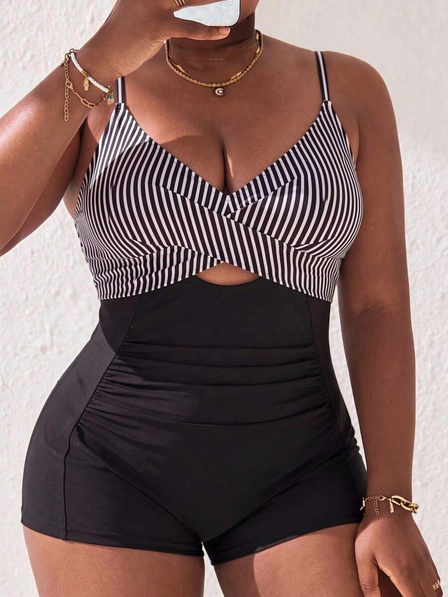 Slaydiva Costume da bagno intero a righe casuali per donne taglie forti - Bianco e nero - Visualizzare 1