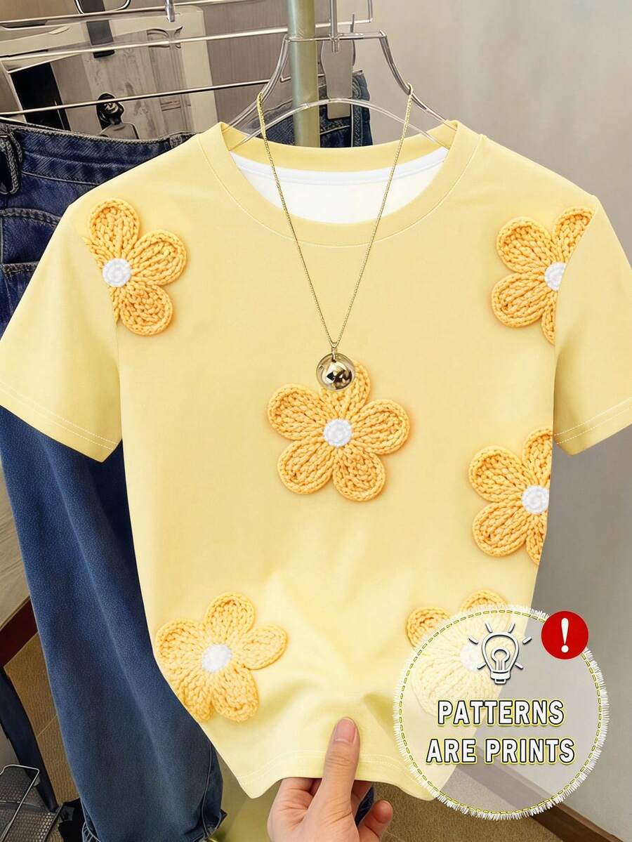 SHEIN 少女毛绒碎花宽松T恤,黄色,休闲舒适,适合春夏穿着,清凉夏日系列,返校必备,夏季女童装,童装时尚,基础款,春夏韩版风格,日常童装 - 彩色 - 查看 1