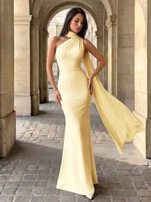 Firerie Elegant, Glamorous, And Stylish, This Goose-Yellow Knit Dress Features A Deep Backless Design, A Flowing Ribbon Neckline Party Wedding - Yellow - View 3