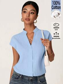 SHEIN BASICS Women's Solid Color V-Neck Cap Sleeve Casual Shirt - Black - View 6