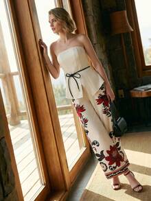 CAJUNI Women's Summer Elegant Waist Belt Bandeau Top With Slit - Cream - View 3