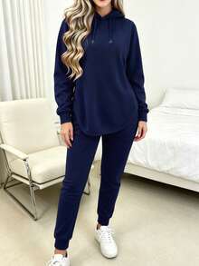 Tropvida Conjunto casual de 2 piezas de sudadera con capucha de manga larga y cordón y pantalones de unicolor para mujer, otoño - Azul Marino - Ver 5