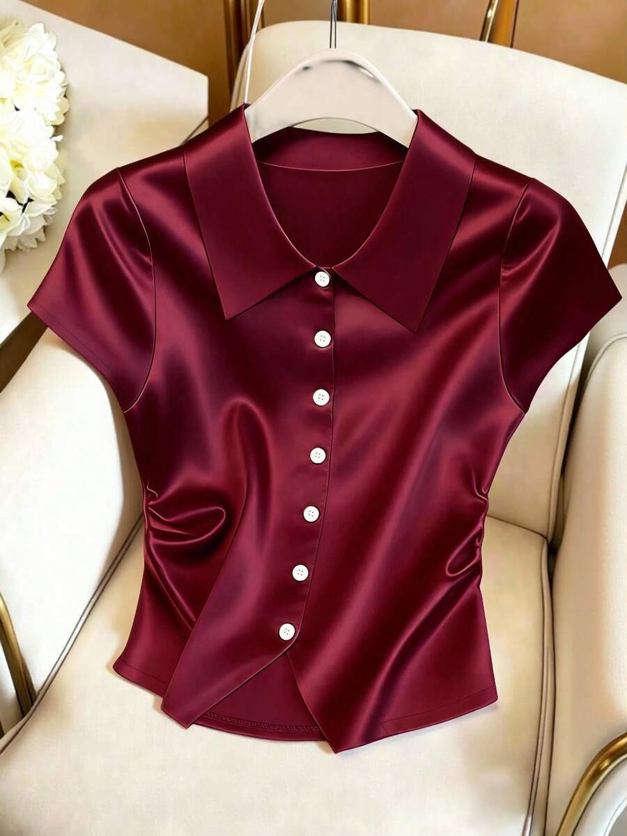 GlowEve Women's Satin Ruched Waist Blouse - Burgundy - View 1