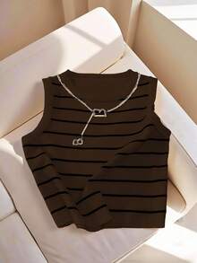 GlowEve Casual Striped Tank Top, Versatile For Summer - Brown - View 3