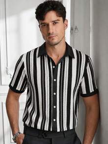 Manfinity CasualCool Men's Comfortable Versatile Summer Striped Textured Shirt - Black - View 1