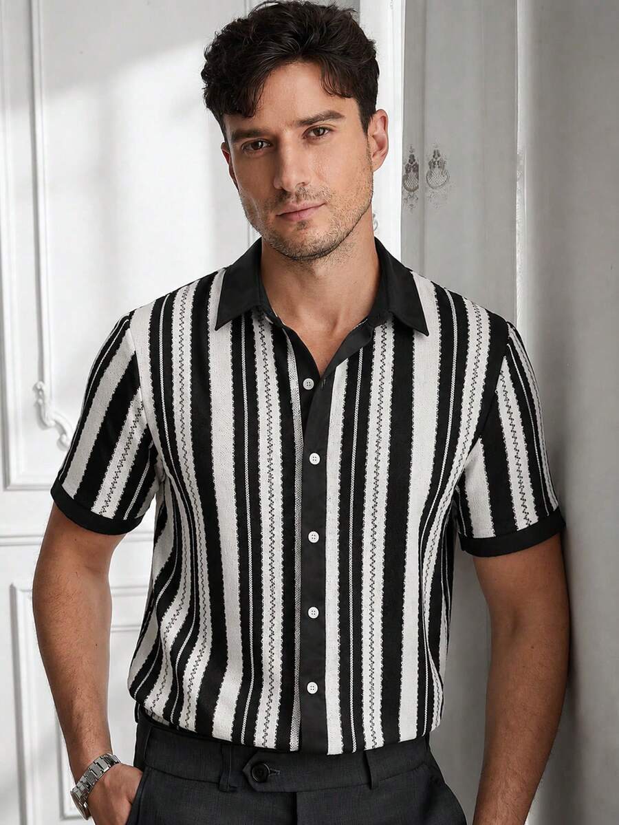 Manfinity CasualCool Men's Comfortable Versatile Summer Striped Textured Shirt - Black - View 1