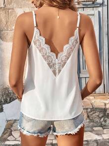 SHEIN Frenchy Contrast Guipure Lace Patchwork Satin Scallop Trim Cami Top - White - View 5