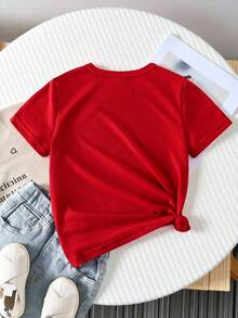 Elladie kids Kaos Anak Perempuan Musim Semi dan Musim Panas Kasual Modis Kreatif Personalisasi Minimalis Segar Motif Kotak-kotak Pita Hati Cetak Grafis, Nyaman untuk Dipakai Sehari-hari, Cocok untuk Musim Semi, Musim Panas dan Musim Gugur - Merah - View 2