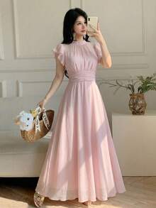 Celisse Đầm midi voan xếp ly tay bồng, kiểu dáng cổ điển thanh lịch, thắt eo, chất liệu chiffon, thích hợp cho kỳ nghỉ và những chuyến đi nghỉ dưỡng trên đảo. - Màu Hồng baby - Xem 7