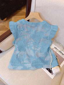 Muvela Blusa elegante de mujer de unicolor, cuello redondo, manga corta y bajo con volantes, para verano - Celeste - Ver 2