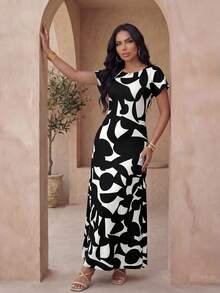 SHEIN Lady Damen Geometrisches Muster Rundhals Kurzarm Elegantes Kleid - Verschiedenfarbig - View 7
