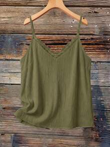 SHEIN VCAY Atasan Wanita Ukuran Besar Warna Polos Model V-Neck dengan Hiasan Ruffle, Model Bohemian Musim Panas, Pakaian Sehari-hari Kasual & Romantis - Hijau Tentara - View 3