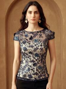 Anewsta Elegant Embroidered Floral Beaded Top For Women - Navy Blue - View 4