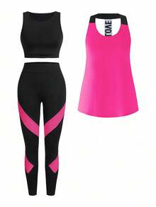 SHEIN Sports 不对称下摆吊带背心 + 黑色圆领背心 + 撞色裤子 3 件套运动服套装 健身装备、运动服、粉色健身服、女士运动套装 - 玫紅色 - 查看 4