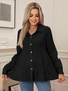 SHEIN 純色長袖荷葉邊休閒孕婦上衣 - 黑色 - 查看 7