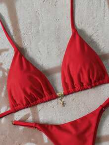 Swim Vcay Springbreak 女款素色掛脖金屬吊墜泳衣，性感丁字褲比基尼套裝 - 紅色 - 查看 4