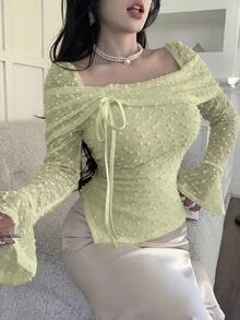 Feyla Women Elegant Square Neck Sheer Dot Mesh Top Long Bell Sleeve Breathable Blouses - Yellow - View 6
