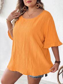 SHEIN CURVE+ 大码女式卡其色荷叶边短袖衬衫，宽松休闲下摆，适合日常及度假穿着，夏季，曲线身材，Hoho Vacationsummer/乡村/海滩度假装/海滩装/沙滩服饰 - 亮橙色 - 查看 4