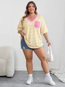 SHEIN CURVE+ Curves 大尺碼/校園服飾/返校服飾/返校大尺碼條紋休閒簡約大尺碼T恤，適合夏季，附口袋大尺碼T恤 - 黃色 - 查看 6