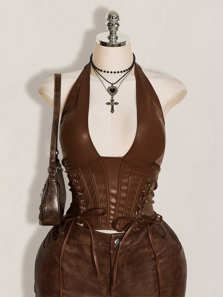 SHEIN ICON 大码女式纯色简约休闲PU皮革吊带露背吊带衫,饰有金属孔眼,Y2K风格,酒红色V领露肩上衣 - 摩卡棕 - 查看 1