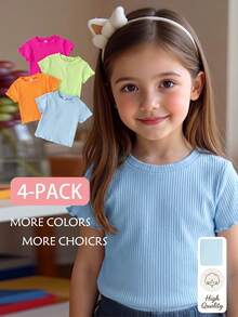 SHEIN Elladie kids 4 chiếc áo thun ngắn tay cổ tròn màu trơn phong cách dopamine trẻ trung cho bé gái, phù hợp mặc mùa hè - Nhiều màu - Xem 6