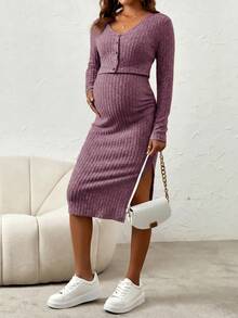 SHEIN 2 piezas Conjunto de vestido de tirantes acanalado con abertura y chaqueta elegante de maternidad, para verano - Morado - Ver 4