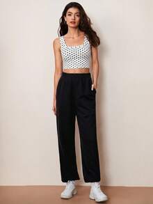 SHEIN BASICS 2件組女款圓點印花時尚百搭方領短版背心上衣套裝 - 彩色 - 查看 9