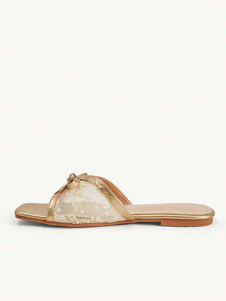 CUCCOO CHICEST Women Shoes Women's New Summer Square Toe Flat Bottom Gold Lace Bow Fashionable And Elegant Women's Flat Sandals Slippers Suitable For Daily Commuting Home Office Vacation And Other Places