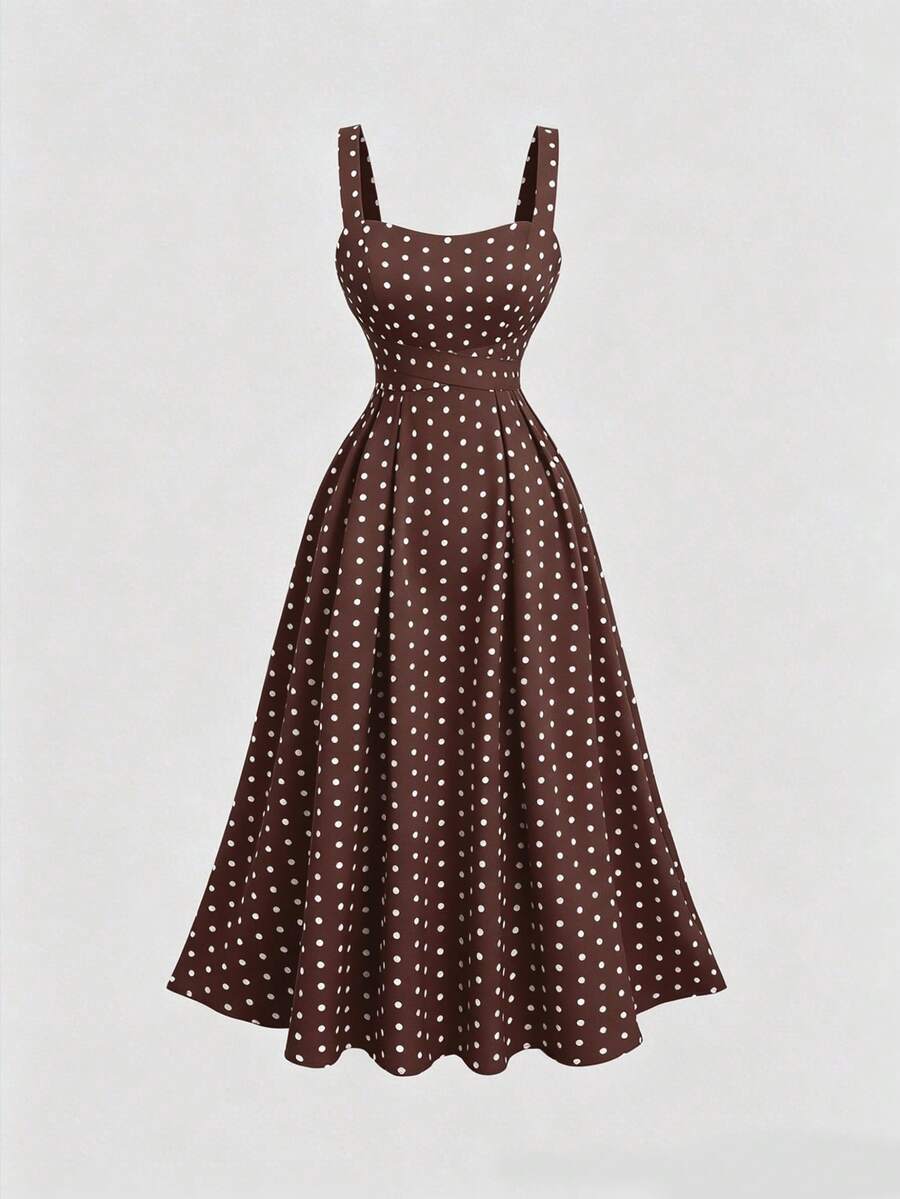 Sweetra French Square Neck Polka Dot Waist Maxi Dress - Brown - View 1