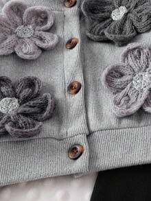 SHEIN 2pcs Toddler Girls' Ribbed Long Sleeve Cardigan Jacket With Floral Decor & Solid Color Pants Set, Casual For Spring & Autumn Squishy Sets - Grey - View 7