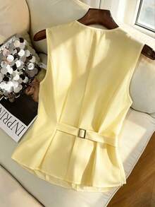 GlowEve Women's Sleeveless Lace Patchwork White Fitted Shirt, Elegant Button Front Closure, Fashionable - Yellow - View 2