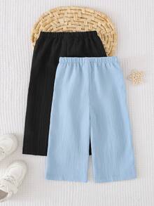 Cozy Pixies 2pcs Baby Girl/Boy Crinkle Texture Loose Wide Leg Pants, Straight Leg Trousers, Versatile Casual Pants, Multiple Pieces, Vacation Style - Baby Blue - View 2