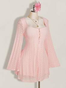 SHEIN ICON 大尺碼方領性感軟挺可愛仙女風 Y2K 收腰 A 字洋裝 波希米亞度假風 秋季婚禮賓客早午餐 嬰兒粉 - 粉色 - 查看 5