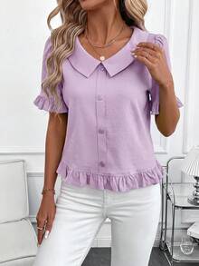 SHEIN Clasi 女款素色前扣短袖休閒上衣，日常穿搭，外出上衣，夏季女裝套裝 - 淡紫色 - 查看 7